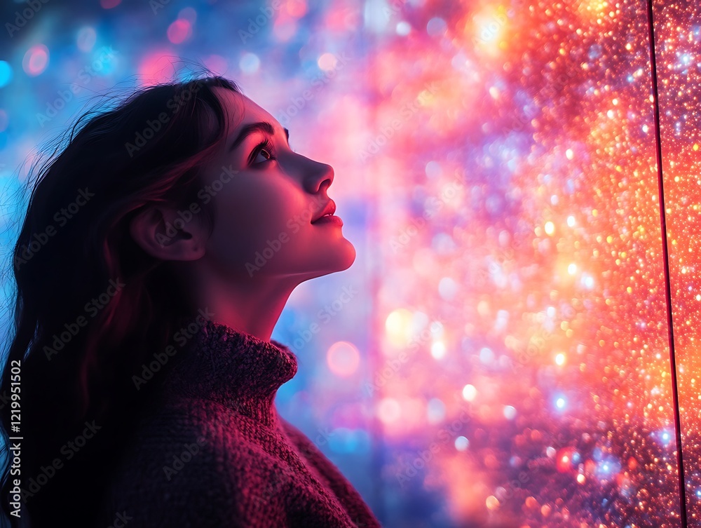 Captivating portrait of a woman gazing at a colorful light display Captivating portrait of a woman gazing at a colorful light display