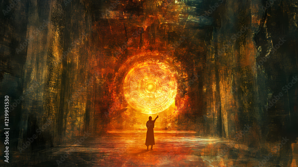 Poster Mystical devotee engaged in arcane ritual enchanted cavern ...