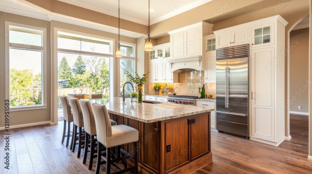 Fototapeta premium A kitchen with a large island and a stainless steel refrigerator