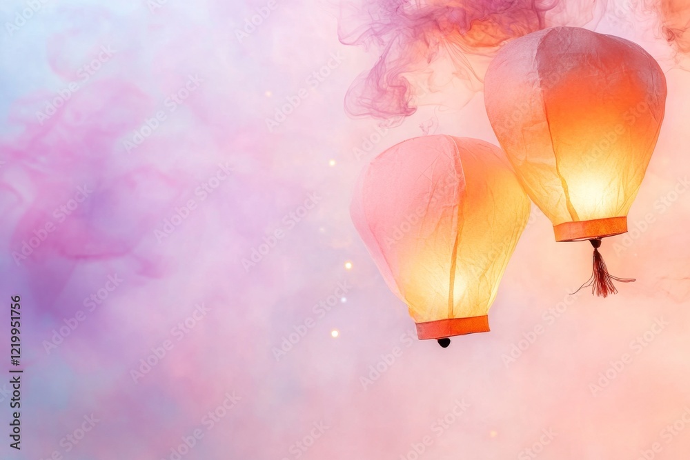 Obraz premium A delicate watercolor of a glowing lantern being released into the evening sky, with soft orange and purple hues blending into the scene