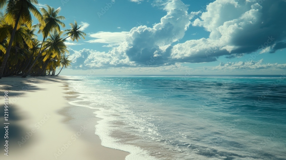 Serene beach with palm trees and tranquil ocean. Serene beach with palm trees and tranquil ocean.