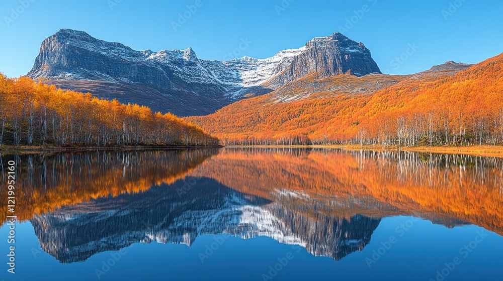 Obraz premium Serene autumn landscape with mountain reflection.