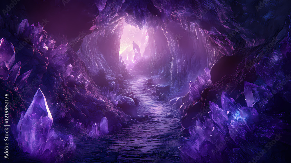 Purple crystal cave path, fantasy landscape, glowing exit. game background. Dream Cavern. Illustration Purple crystal cave path, fantasy landscape, glowing exit. game background. Dream Cavern. Illustration