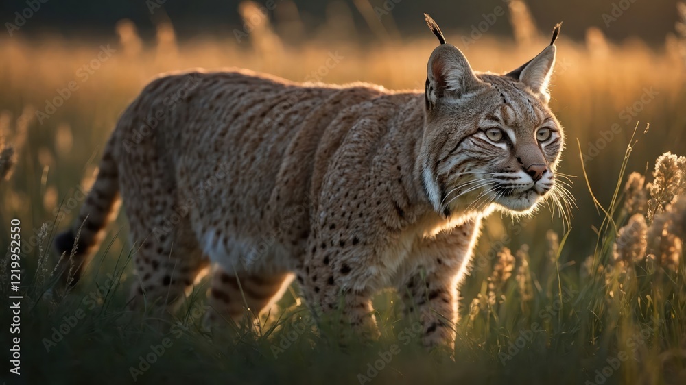 Fototapeta premium Majestic lynx prowling through golden grass during sunset, showcasing its keen hunting instincts