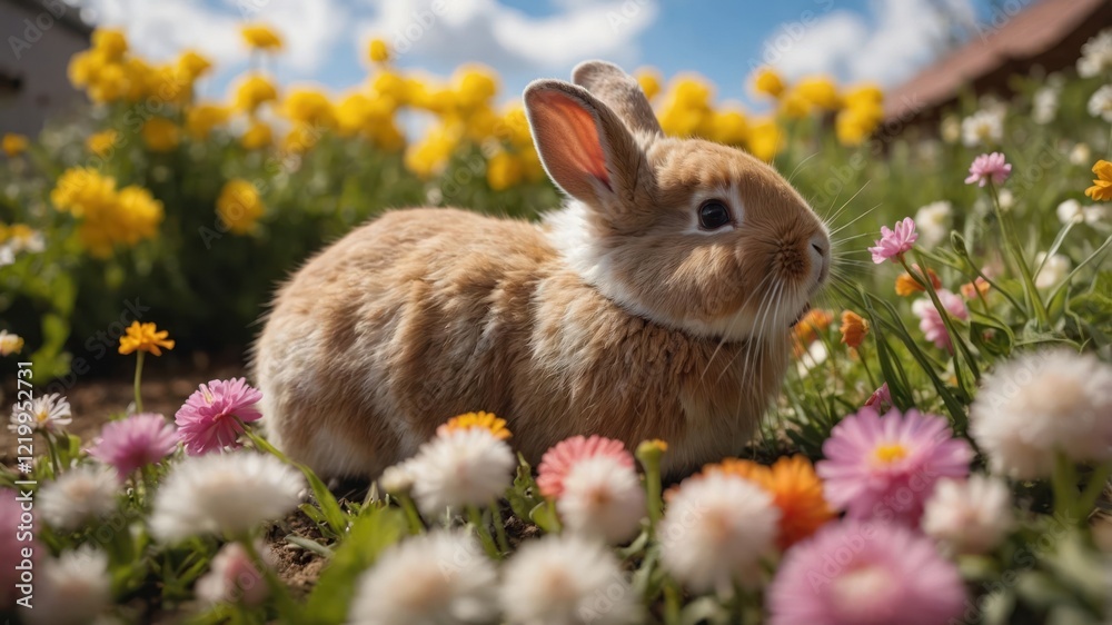 Fototapeta premium A fluffy rabbit exploring a vibrant flower garden under a sunny sky, surrounded by colorful blooms