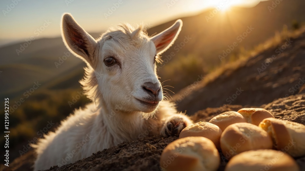 Obraz premium Playful goat enjoying a sunny hillside with freshly baked bread rolls at sunset