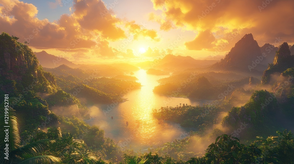 Obraz premium Serene landscape at sunset over a tranquil river.