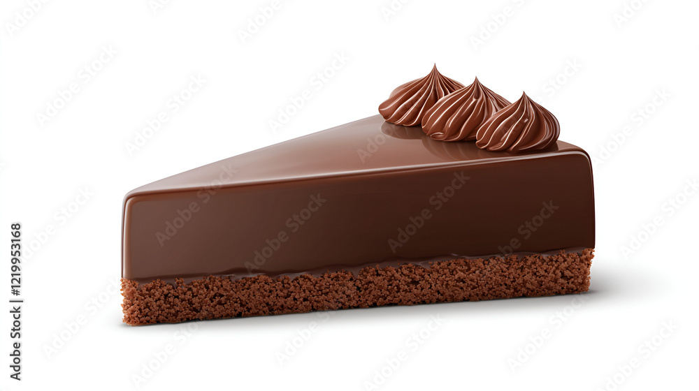 A decadent slice of chocolate cake, richly glazed and topped with swirls of chocolate frosting. Perfect for satisfying your sweet tooth!