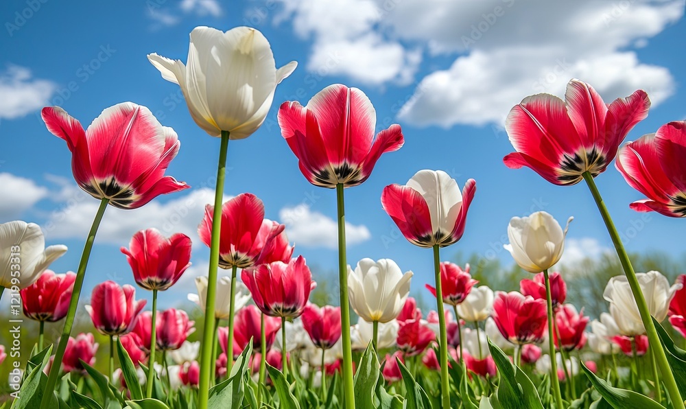 Red and white tulips blooming in a field under a blue sky, spring garden scene, ideal for floral backgrounds Red and white tulips blooming in a field under a blue sky, spring garden scene, ideal for floral backgrounds