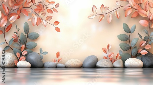 Natural and minimalist 3D stage with dry plants, rocks, and a pastel beige and cream backdrop, ideal for showcasing eco-friendly products with sufficient space for messaging or branding.