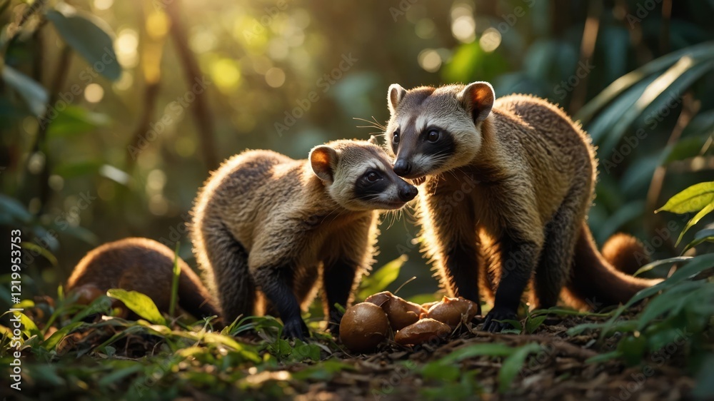 Fototapeta premium Two playful animals interact in a lush forest, surrounded by greenery and soft sunlight