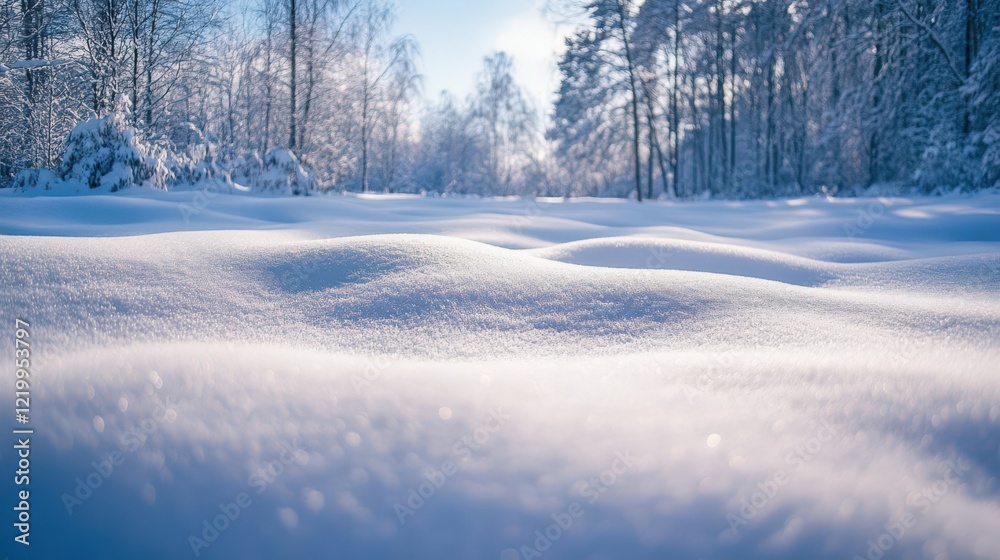 A snowy field with trees in the background A snowy field with trees in the background