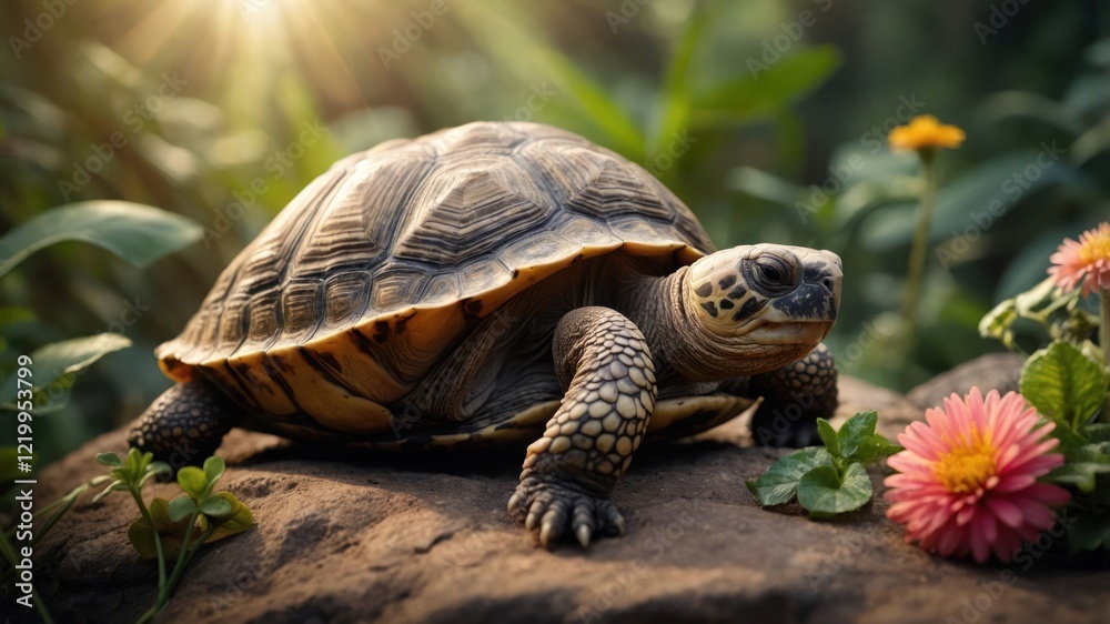 Fototapeta premium A tortoise resting on a rock amidst vibrant flowers and lush greenery in a sunlit garden