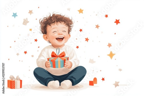 A flat 2D design of a child sitting on the ground, giggling while holding a colorful jack-in-the-box, with the spring toy mid-pop on a white background