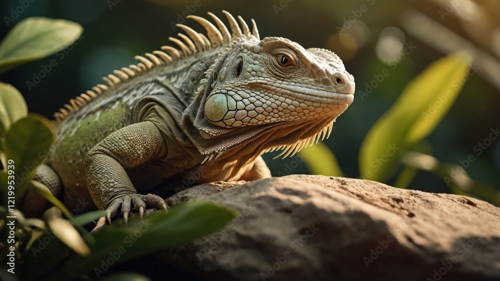 Close-up view of a vibrant iguana resting on a rock surrounded by lush green foliage Close-up view of a vibrant iguana resting on a rock surrounded by lush green foliage