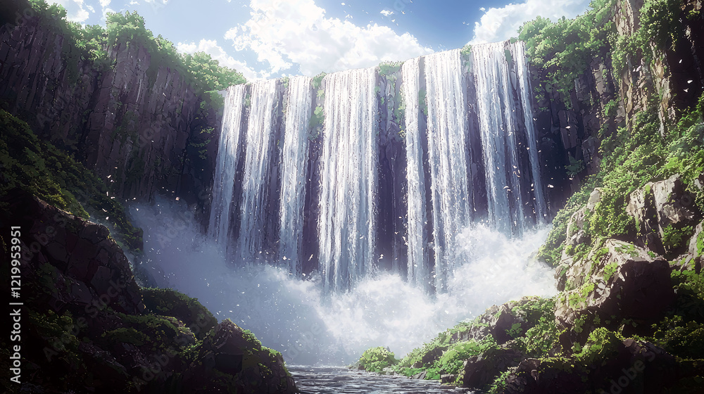 Naklejka premium Majestic Waterfall in Lush Forest: A Breathtaking Nature Scene