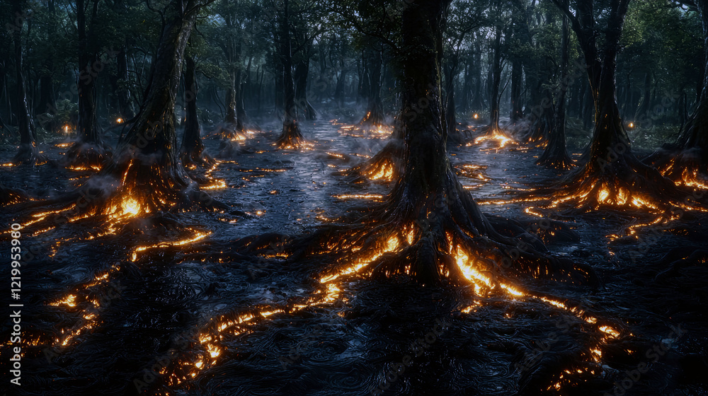 Obraz premium Enchanted Forest: A fiery path winds through a dark, mystical forest, where glowing embers illuminate ancient trees and their burning roots.