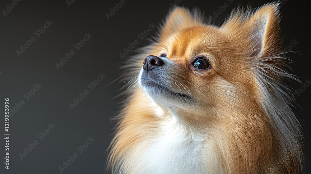 Obraz premium Fluffy dog portrait, studio shot, dark background, pet adoption