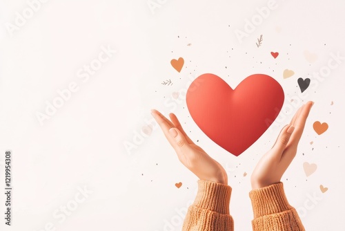 A flat design of a single heart floating above an open hand, with clean lines and warm, pastel colors to convey thankfulness
