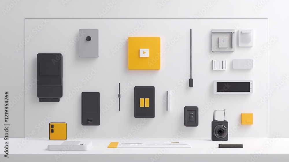Smart home devices displayed on wall, minimalist studio Smart home devices displayed on wall, minimalist studio