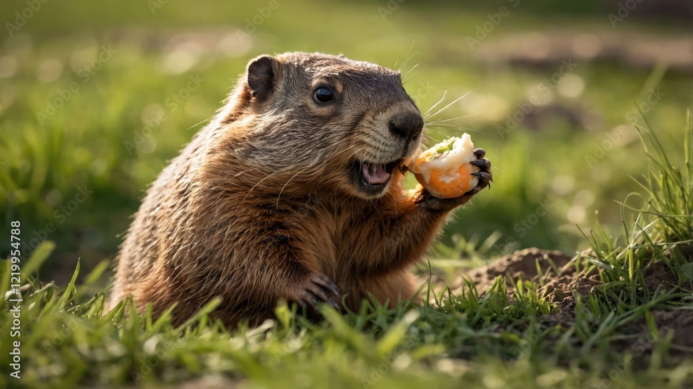 Naklejka premium A playful groundhog munching on an orange in a sunlit grassy field during spring