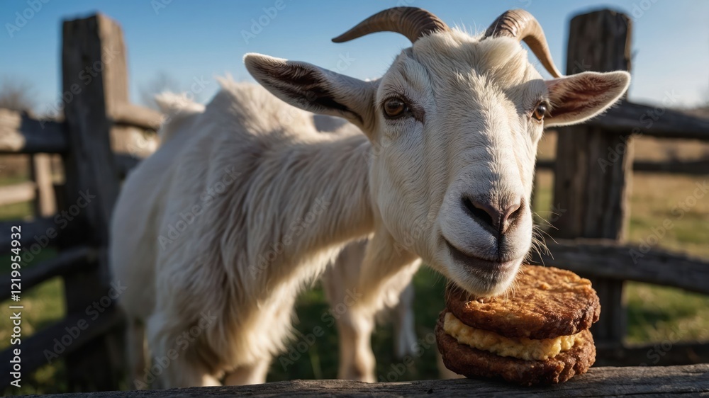 Goat holding a sandwich in a rural setting, with a wooden fence and green grass in the background Goat holding a sandwich in a rural setting, with a wooden fence and green grass in the background