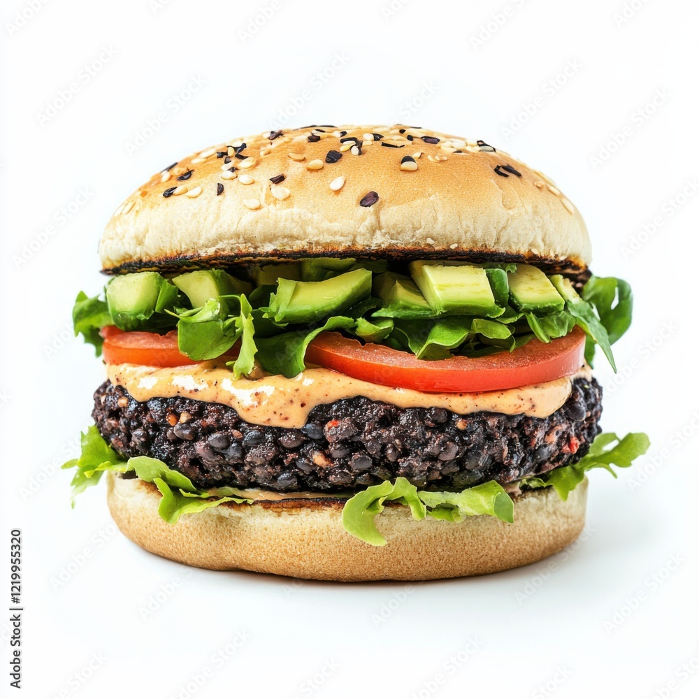 A spicy black bean burger with avocado and chipotle mayo, isolated white background, contemporary art style A spicy black bean burger with avocado and chipotle mayo, isolated white background, contemporary art style