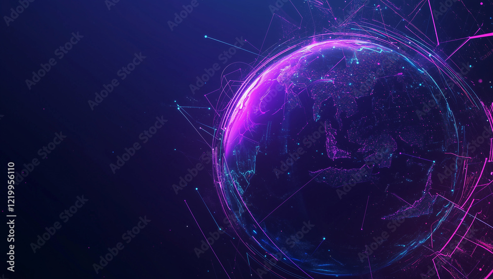 A purple and blue gradient background with the Earth on it, digital lines of light around the globe, and data visualization in a black space. A purple and blue gradient background with the Earth on it, digital lines of light around the globe, and data visualization in a black space.