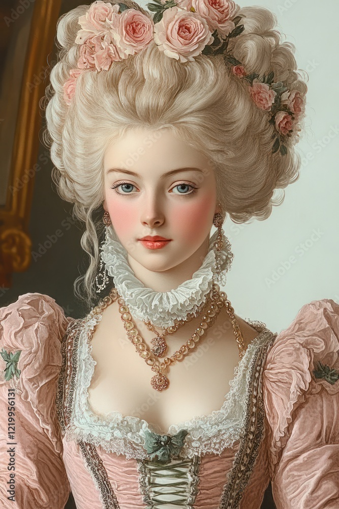 Fototapeta premium 18th Century Woman Portrait in Pastel Gown with Floral Decorations