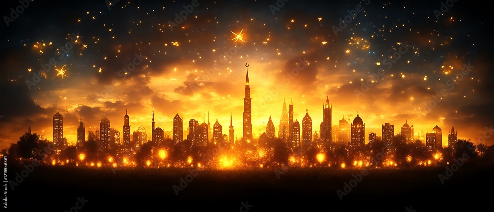 Fototapeta premium Golden City Skyline at Night with Starry Sky