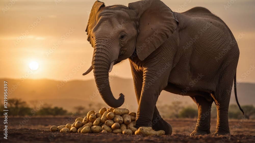 Fototapeta premium Majestic elephant at sunset interacting with a pile of potatoes in a serene landscape