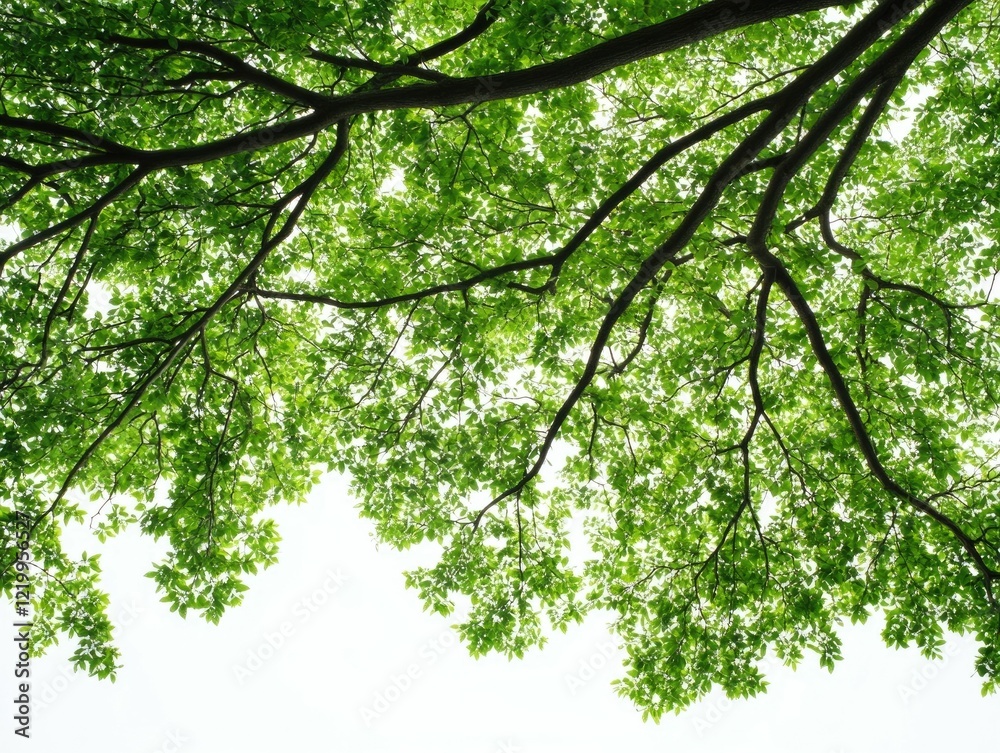 Fototapeta premium Cascading willow tree canopy with delicate branches and soft natural lighting creating a serene and verdant oasis against a clean white background
