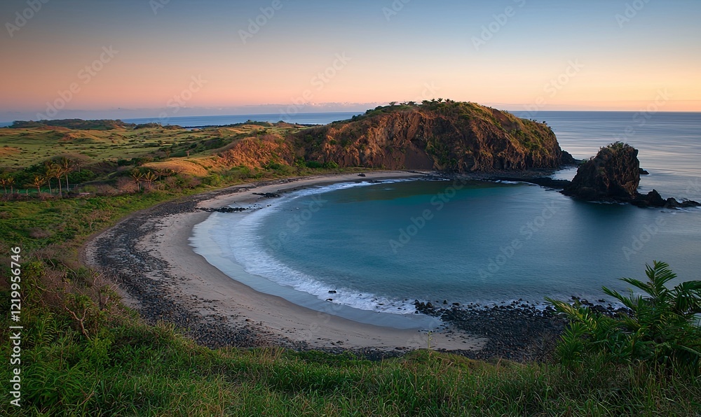 Fototapeta premium Secluded cove beach at sunrise with calm turquoise water and rocky headland