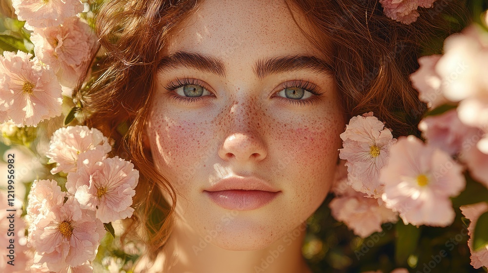Obraz premium Freckled woman, flowers, sunlight, garden, beauty