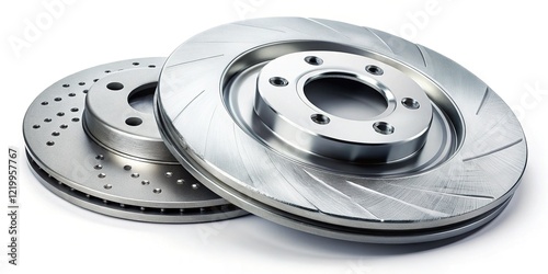 High-Angle Close-up: Shiny Silver Brake Disc & Worn Brake Pads on White