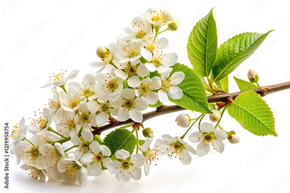 Fototapeta premium Macro Bird Cherry Branch, Prunus Padus, Isolated White Background - Stock Photo