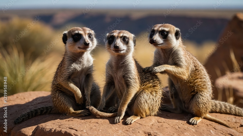Obraz premium Three meerkats sitting on a rock in a desert landscape with distant mountains and grasslands
