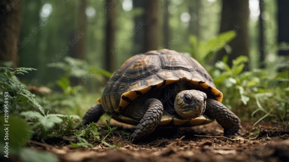 A tortoise slowly traversing a lush forest floor, surrounded by vibrant greenery and dappled sunlight A tortoise slowly traversing a lush forest floor, surrounded by vibrant greenery and dappled sunlight