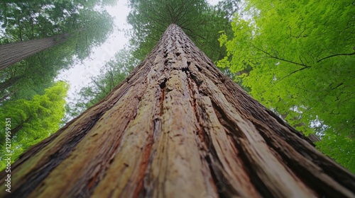 Towering redwood trees stretching endlessly towards the sky their massive trunks and ancient weathered bark creating a sense of awe and wonder at the majesty of the natural world  This lush photo