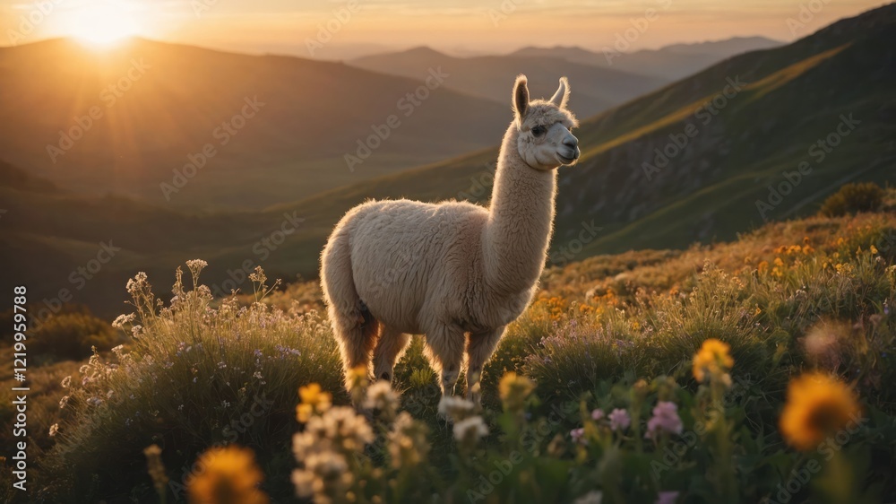 Naklejka premium A serene llama standing amidst vibrant wildflowers at sunset in a picturesque valley