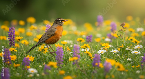 An american robin is singing, flying, cleaning, playing with fledging with blurred forest background