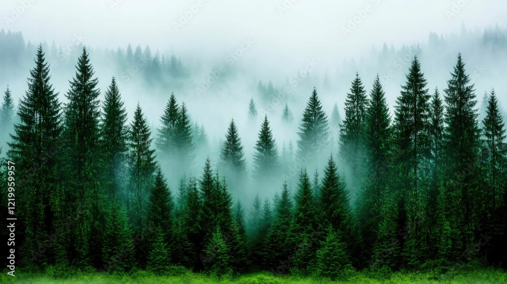 Obraz premium Colossal cedar trees reaching up to the sky forming a natural cathedral like structure in a fog shrouded mystical forest landscape An awe inspiring serene and transcendent scene of towering