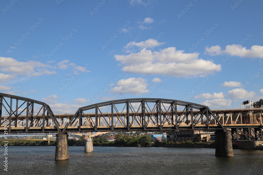 High level view of the city skyline from the river in downtown Pittsburgh, Pennsylvania during the day time. High level view of the city skyline from the river in downtown Pittsburgh, Pennsylvania during the day time.