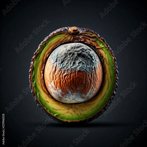 an avocado split in half, revealing a blackened, moldy pit surrounded by decayed flesh and shriveled skin. photo