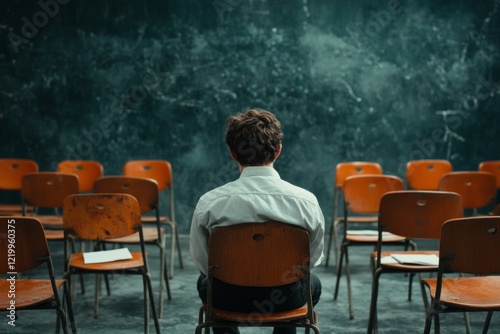 A person in a meeting room avoiding the gaze of others, their head tilted downward, visibly uncomfortable and ashamed