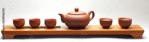 A teapot and teacups set up for a tea ceremony.