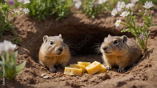 Two small rodents enjoying cheese near their burrow surrounded by blooming flowers in spring