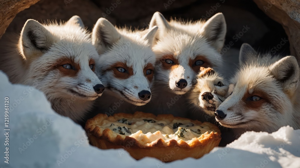 Five foxes gathered around a freshly baked pie in a snowy cave setting, curious and playful Five foxes gathered around a freshly baked pie in a snowy cave setting, curious and playful
