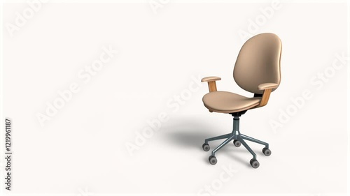 Office chair rolls in and stops, with copy space. 3D render. For work and recruitment concepts.