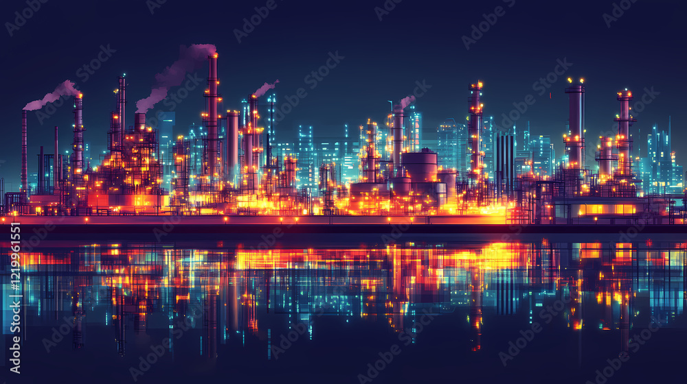 Naklejka premium Oil refinery terminal. power energy industry. oil refinery factory with electric lights. gas and oil refinery industrial complex with pipelines. Electric Harbor. Illustration